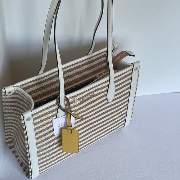 Kate Spade Market Stripe Medium Tote Beige Stripe Canvas Zip Shoulder Bag - Picture 5 of 10